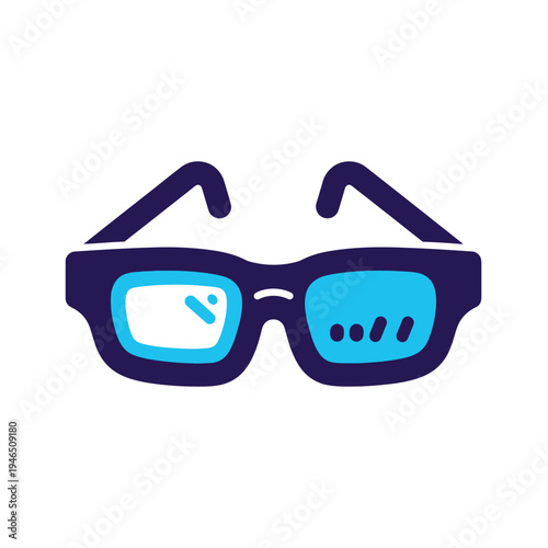 Cool retro style eyeglasses icon with blue lenses and a dark frame, perfect for fashion and accessory themes