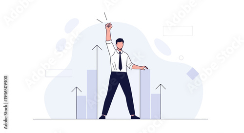 Businessman celebrating success with rising graph and upward arrows, symbolizing growth and achievement.