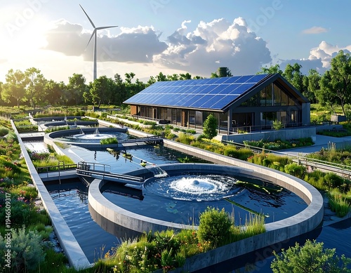 A serene eco-friendly facility with solar panels and a wind turbine
