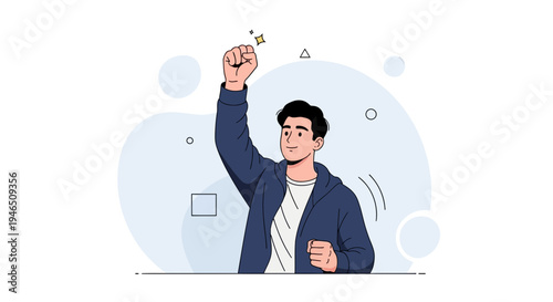 Man celebrating success with raised fist and sparkling stars, abstract background