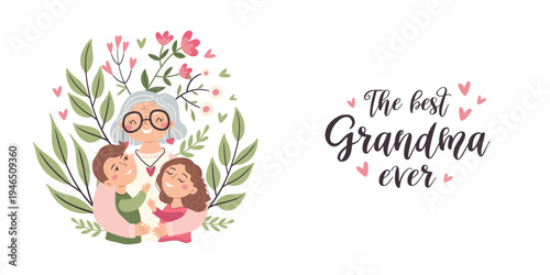 A horizontal banner with a grandmother hugging her grandchildren. Postcard for Mother's Day, motherhood and childcare.