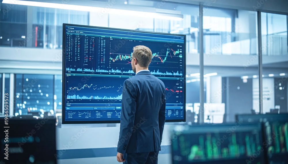 Fototapeta premium Businessman Analyzing Stock Market Data on Large Screen in Modern Office.