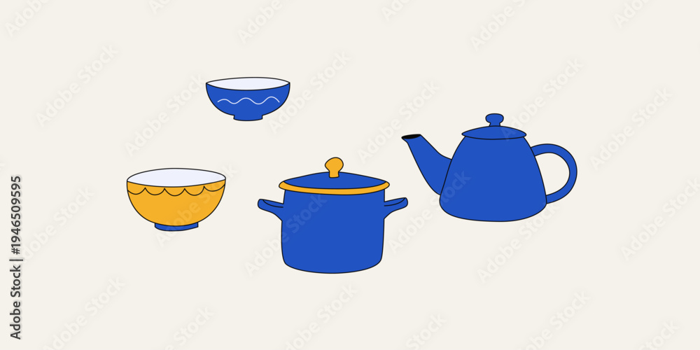 Obraz premium Kitchen Tableware Vector Set. Cartoon Cookware and Dishware Collection with Cooking Pot, Teapot and Bowls. Colorful Kitchen Utensils in Flat Style.