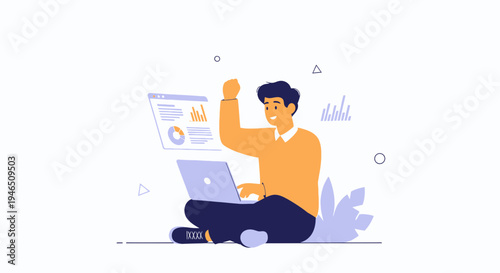 Man celebrating success with laptop and financial charts, modern flat illustration