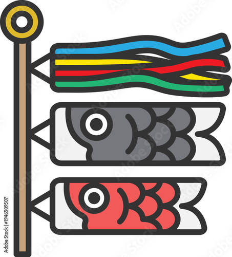 鯉のぼり（吹き流し・真鯉・緋鯉）のアイコン（線画カラー）のイラスト