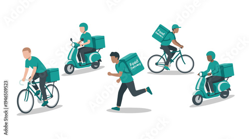 Modern Food Delivery Service with Diverse Couriers Using Bikes, Scooters, and Running