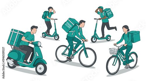 Food delivery service couriers on scooter, bicycle and moped illustration