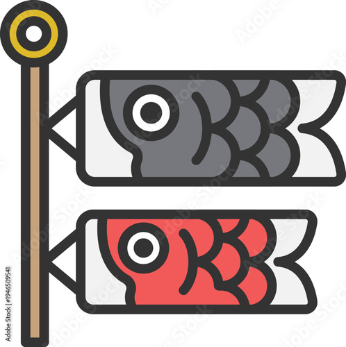 鯉のぼり（真鯉・緋鯉）のアイコン（線画カラー）のイラスト