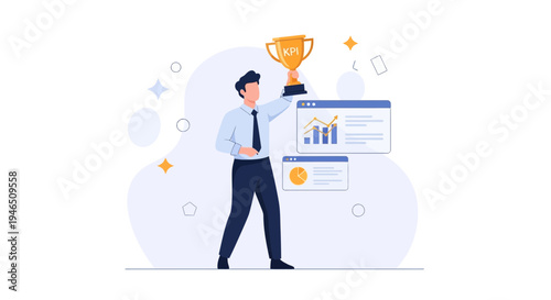Businessman holding KPI trophy celebrating success with financial charts and graphs