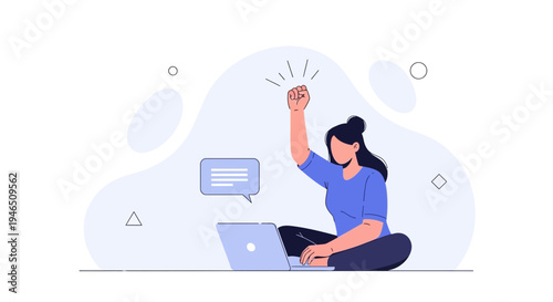 Woman celebrating success with laptop, working from home, achieving goals, positive emotion