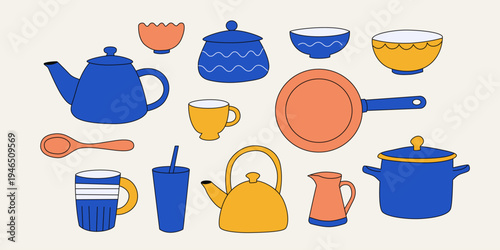 Kitchen Utensils Vector Set. Cartoon Cooking Tools and Tableware Collection with Teapot, Kettle, Frying Pan, Pot, Cups, Bowls, Spoon and Pitcher.