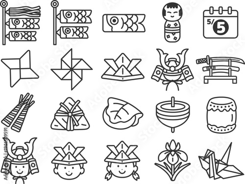 いろいろな、こどもの日のアイコン（線画）のイラストセット
