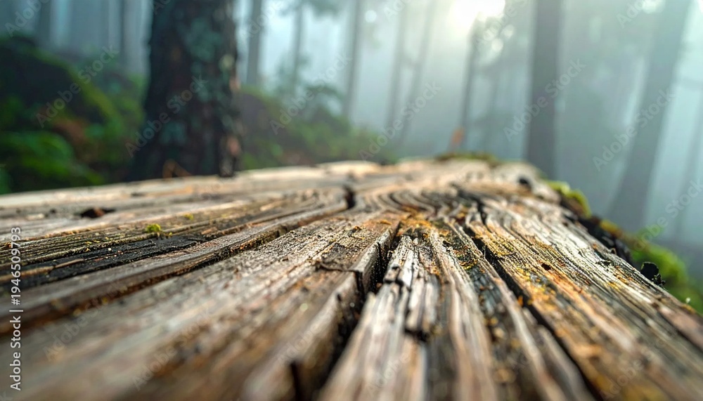 Fototapeta premium Close-up of weathered log in a misty forest with sunlight filtering through trees.