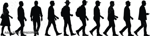 Black silhouettes of people walking in row, diverse group of men and women, commuters with backpacks, pedestrians isolated on white.