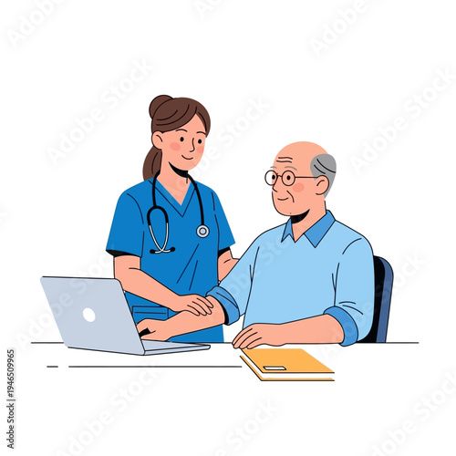 Nurse comforting senior man with laptop and medical chart, healthcare concept