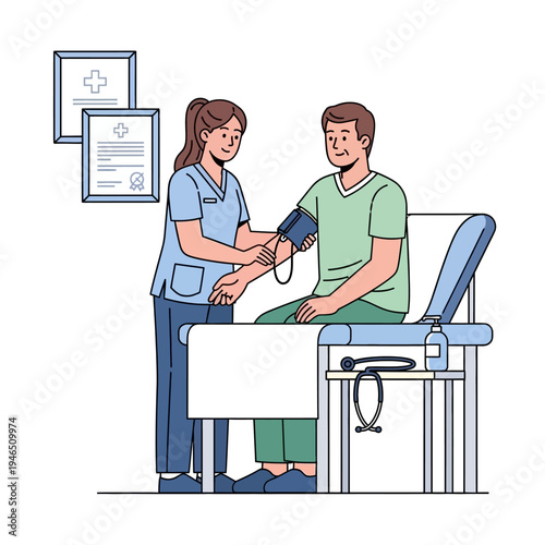 Nurse taking patient's blood pressure in clinic exam room, healthcare concept