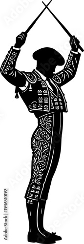 Black and white woodcut illustration of a Spanish bullfighter (torero) in traditional suit of lights holding banderillas during a bullfight.