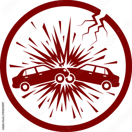 Maroon circular icon illustration of two cars in a head-on collision with a dramatic explosion effect, representing a car accident or impact.