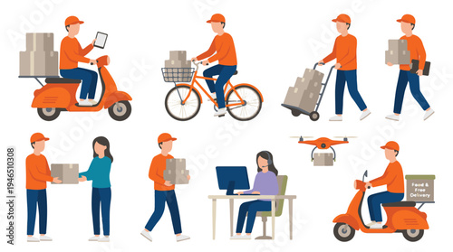 Set of delivery service people and various transport options
