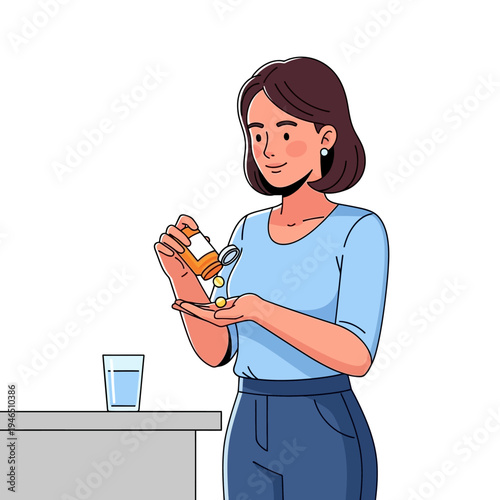 Woman taking medication, pouring pills from bottle into hand with glass of water