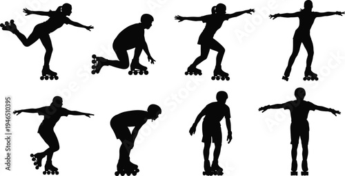 Set of black silhouettes of people rollerblading and inline skating in various active poses isolated on a clean white background