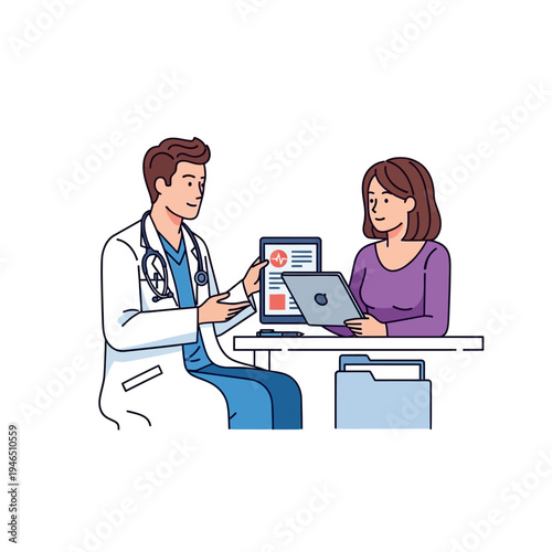 Doctor and Patient Discussing Health Results on Tablet and Laptop