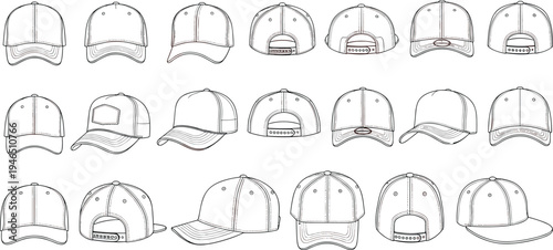 baseball, cap, hat, collection, cad, drawing, technical, vector, illustration, front, back, side, view, apparel, fashion, template, design, blueprint, sports, set