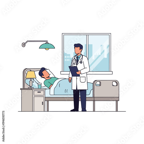 Doctor Examining Patient Lying in Hospital Bed, Medical Care and Health Concept