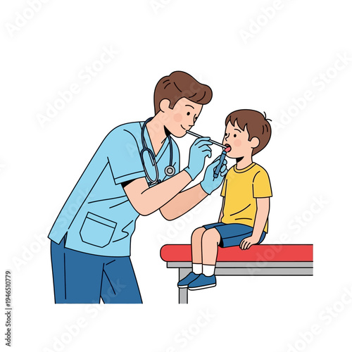 Doctor examining child's throat with tongue depressor, healthcare concept, flat illustration