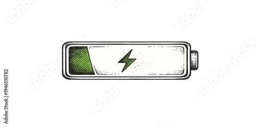 Hand-drawn battery charge indicator with green level and lightning bolt, isolated on white background—minimal sketch power icon for charging, energy, electricity and technology UI design