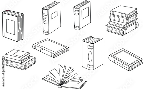 books, collection, library, cad, drawing, technical, vector, illustration, stack, open, hardcover, reading, education, literature, study, knowledge, design, blueprint, stationery, set