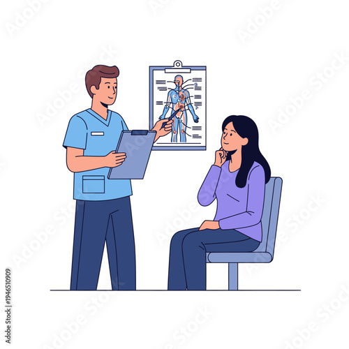 Doctor Explains Anatomy Chart to Patient in Consultation Room