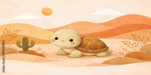 Tortoise Walking in Desert Landscape with Cactus, Sand Dunes and Soft Pastel Sky Illustration
