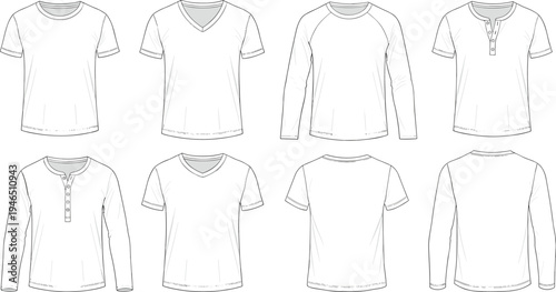 tshirt, template, cad, drawing, technical, vector, illustration, front, back, view, short, sleeve, long, sleeve, henley, vneck, apparel, clothing, blueprint, design