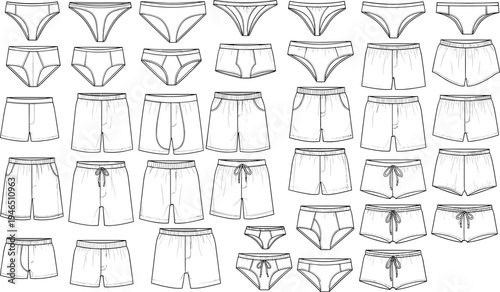 underwear, briefs, boxers, shorts, cad, drawing, technical, vector, illustration, front, view, apparel, clothing, garment, template, fashion, blueprint, design, men, set