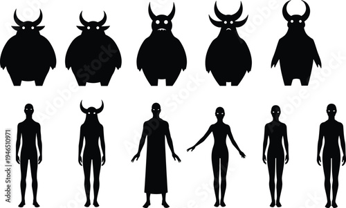 Silhouette of people standing in prayer reading holy book, diverse religious figures set, spiritual worship, faith, isolated men and women