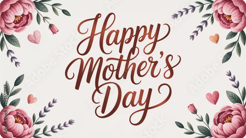 Elegant happy mother's day greeting card with pink flowers and hearts on white background for celebration