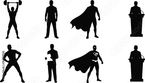 Vector silhouette of superhero with cape, weightlifter lifting barbell, businessman speaking at podium, and hero poses for leadership and strength.