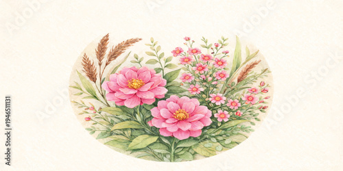 Watercolor floral bouquet in oval frame on beige paper background—pink peony-style flowers with green leaves, delicate buds and small blossoms, vintage botanical illustration