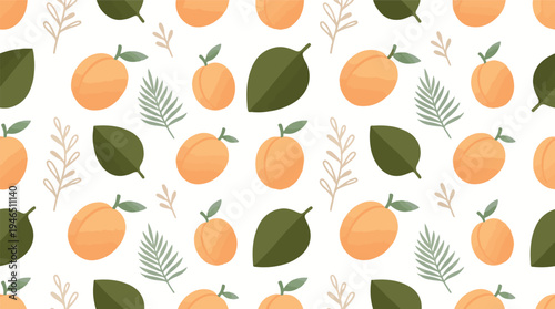 Seamless pattern with apricots and leaves on a white background