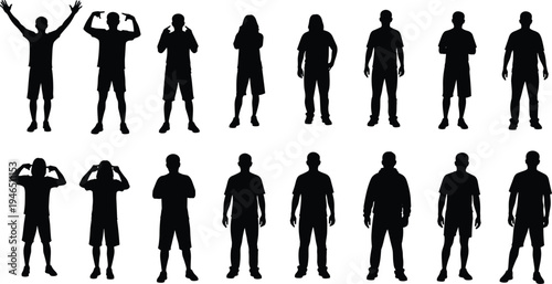 Vector silhouette of young men in various standing poses, expressive hand gestures, casual outfits, and diverse body actions for design.
