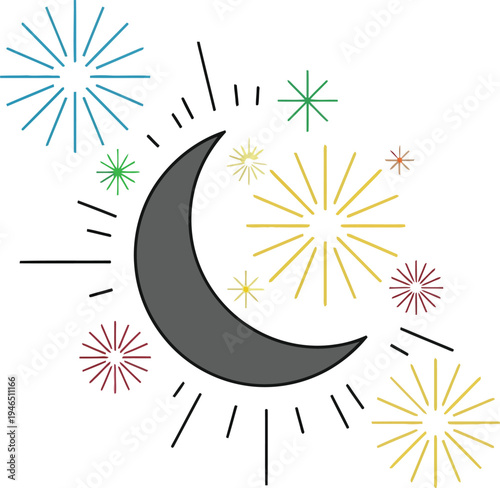 A cartoonish crescent moon surrounded by colorful explosive firework effects