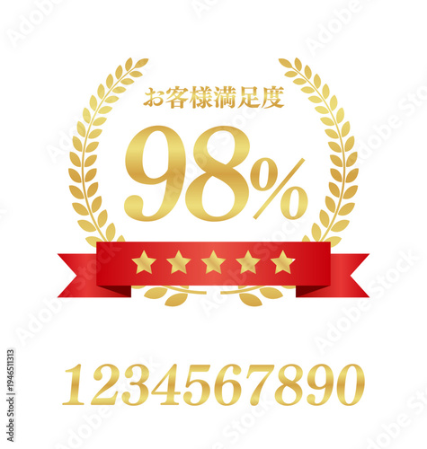 お客様満足度98％の正方形実績エンブレム｜赤いリボンと星5つ、月桂樹のゴールド日本語ベクター素材
