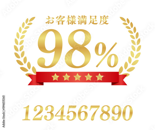 お客様満足度〇〇％の豪華実績バッジ｜赤いリボンと5つ星、月桂樹のゴールド日本語ベクター素材