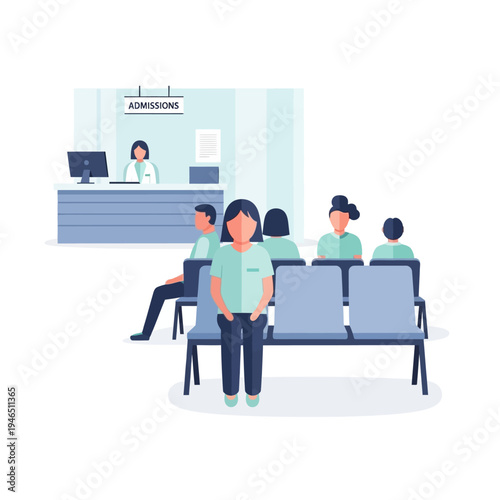 Hospital admissions waiting room with patients and receptionist