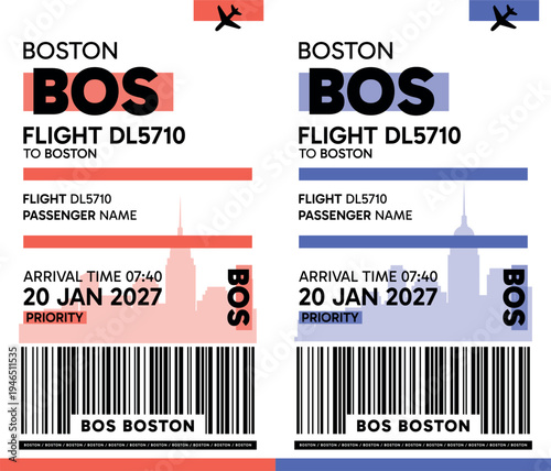 BOS, Boston, USA luggage label, boarding pass template. Vector minimalist illustration with airport code, city destination, flight info. Flat, modern image layout