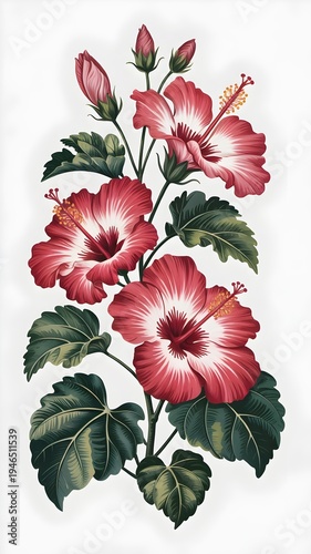 Hibiscus Bloom: A detailed capture of vibrant hibiscus flowers, each petal meticulously rendered to showcase the plant's delicate beauty, with an emphasis on its colorful blossoms and green leaves.