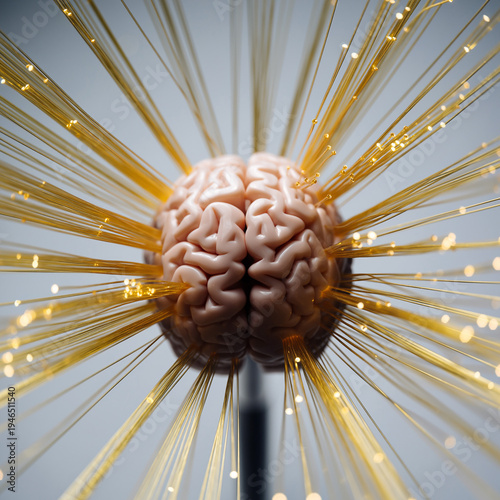 Brain model with glowing strands and light effects in modern art display at a science exhibition