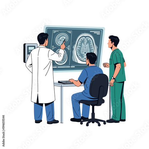 Medical Team Analyzing Brain Scan MRI Results on Screen