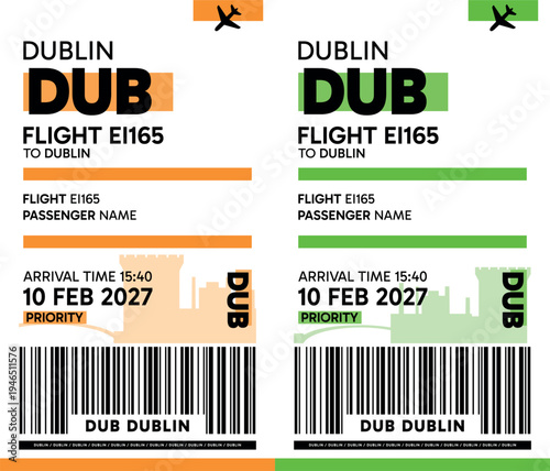 DUB, Dublin, Ireland luggage label, boarding pass template. Vector minimalist illustration with airport code, city destination, flight info. Flat, modern image layout